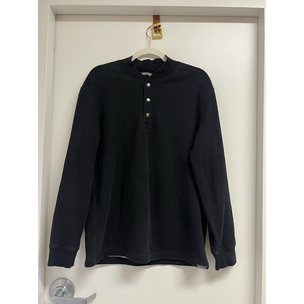 Eddie Bauer Pullover Mens Medium Black Fleece Lined Thermal Waffle Snap Henley